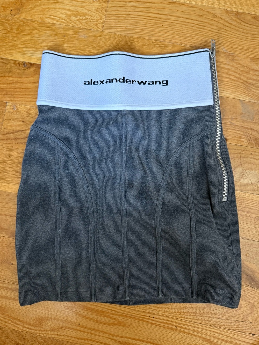 Alexander Wang Charcoal Knit Mini Skirt with White Logo Waistband